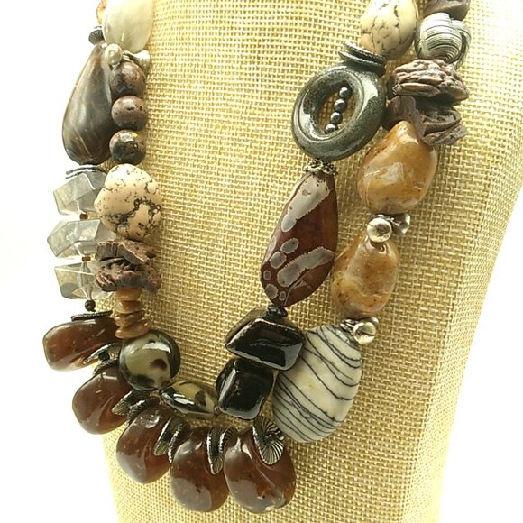 Treska Tribal Double Strand Beaded Necklace Earth Tones Signed - Picture 3 of 16